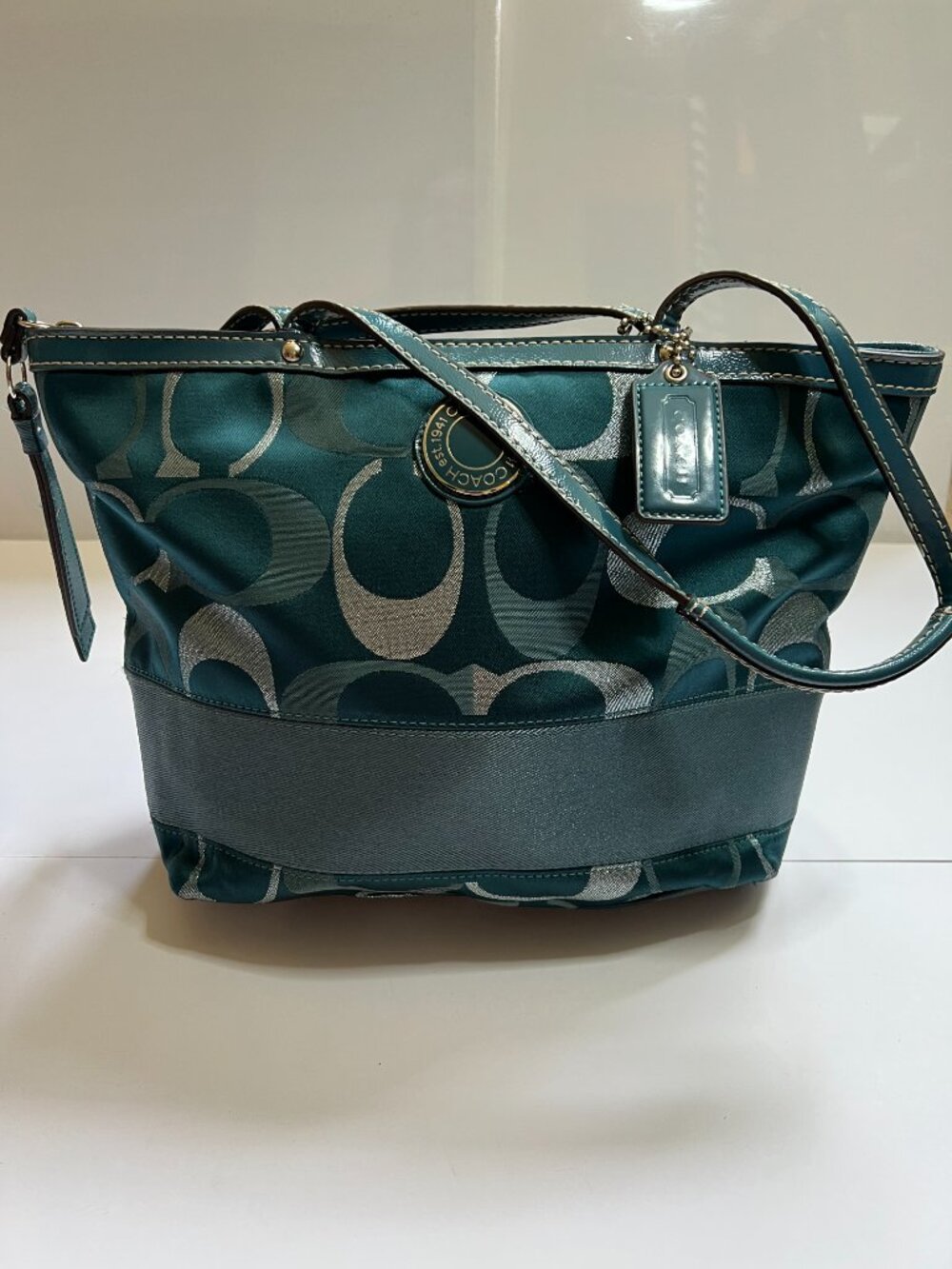 Coach Teal Signature Metallic Stripe Tote (style number F20429)